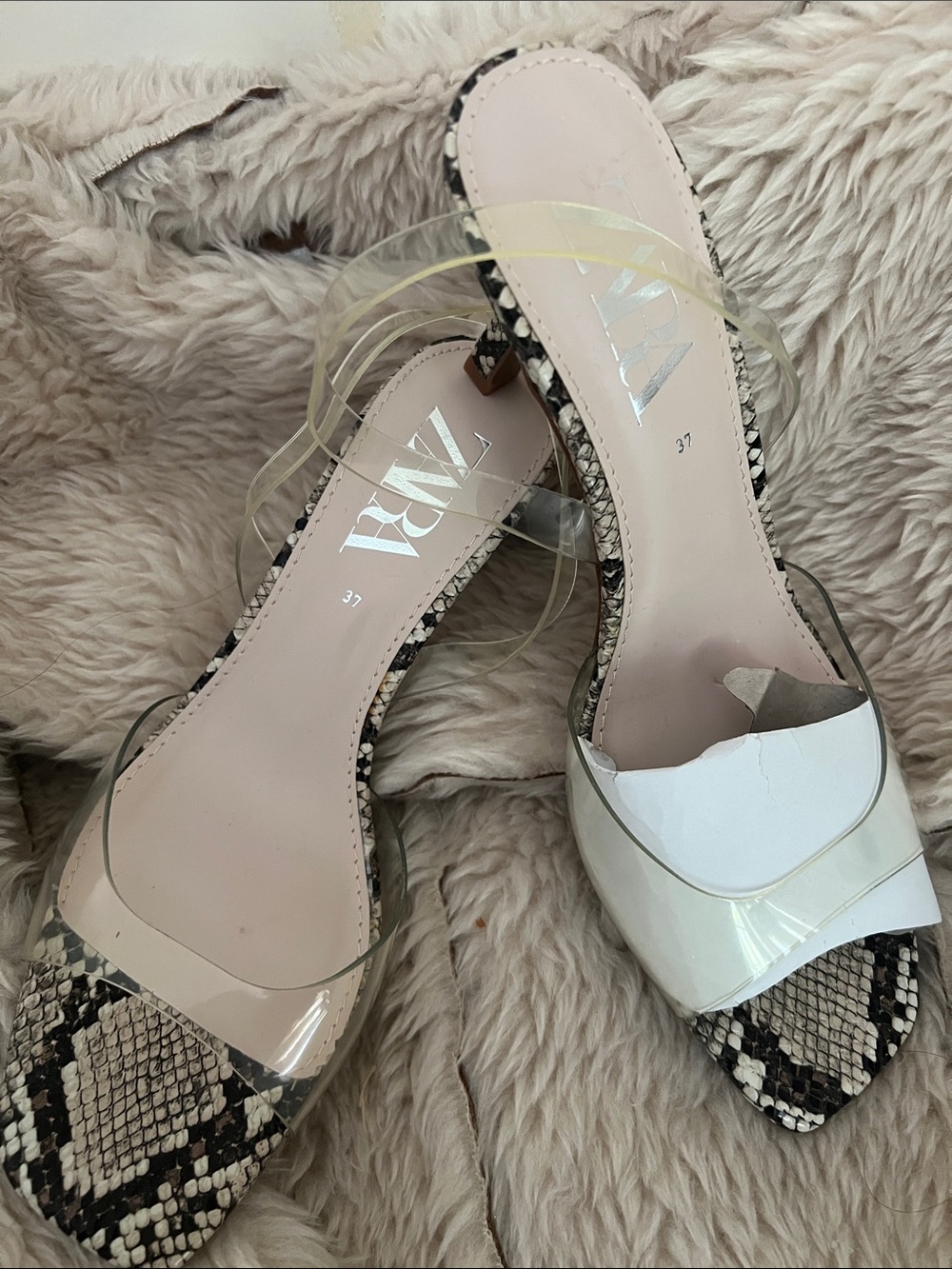 Zara Clear-Strap White & Snake-Print Mule Sandals